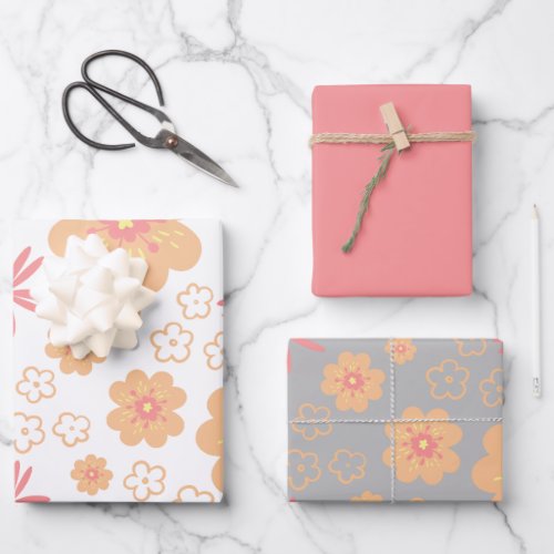Retro Floral Pattern and Plain Pink Wrapping Paper Sheets