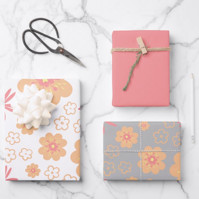 Retro Floral Pattern and Plain Pink Wrapping Paper Sheets (Front)