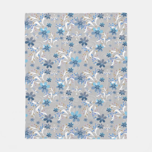 Retro , floral pattern , blue , gray , flowers fleece blanket (Front)