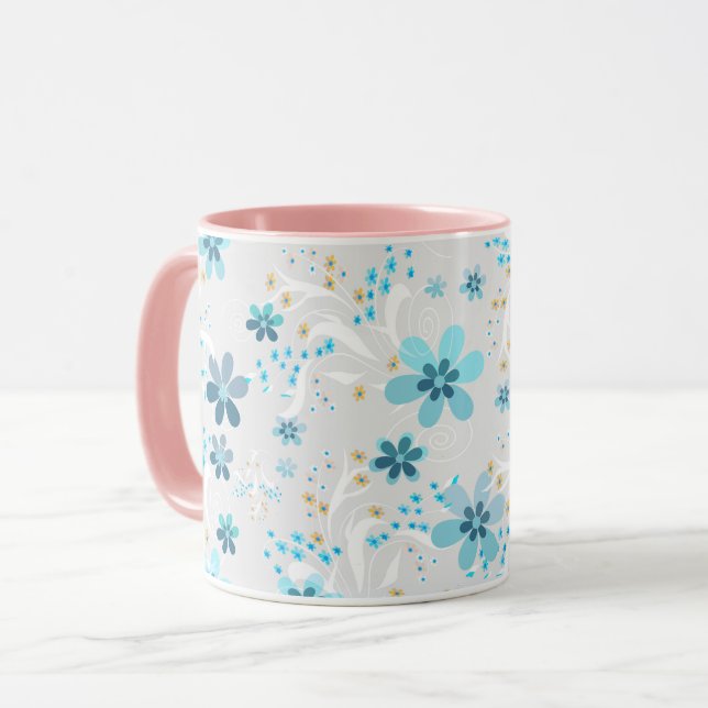 Retro , floral pattern , blue , gray mug (Front Left)