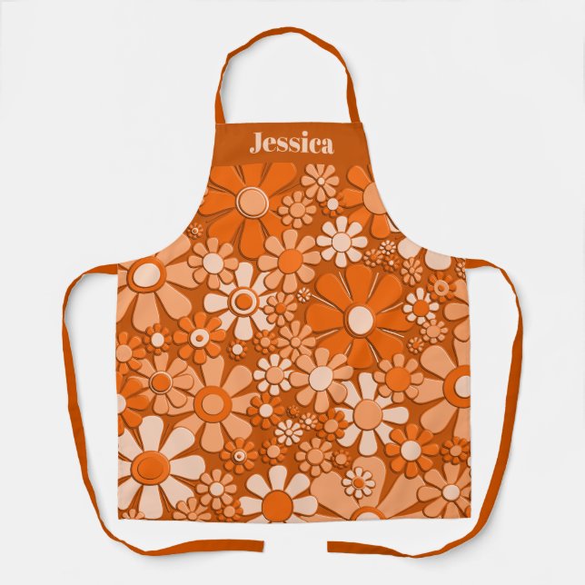 Retro Floral Pattern Burnt Orange Personalized Apron (Front)