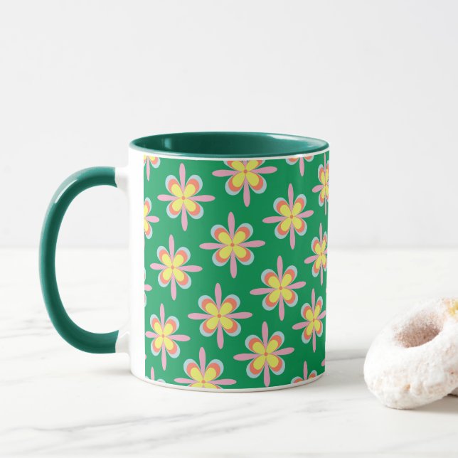 Retro Floral Pattern Colorful Spring Flower Design Mug (With Donut)