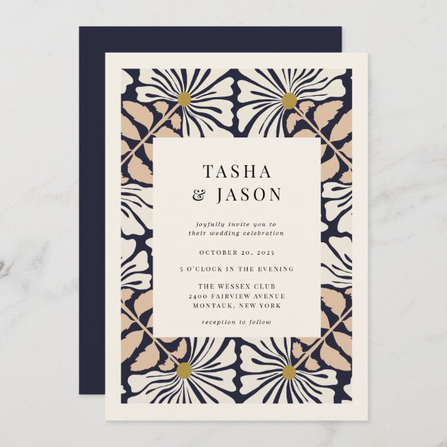 Retro Floral Pattern Frame Wedding Invitation (Front/Back)