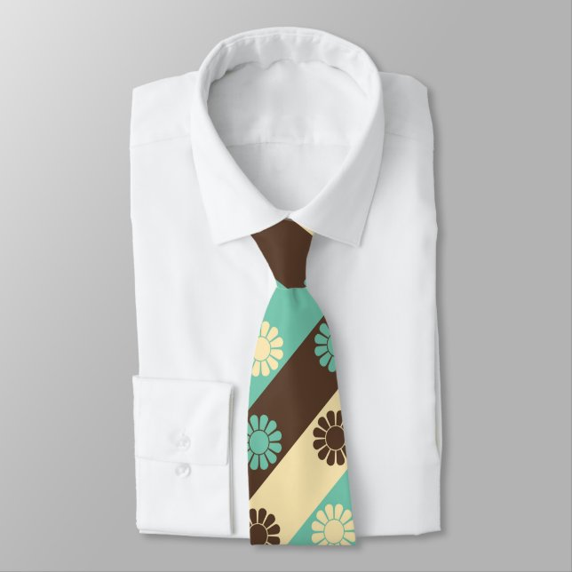 Retro Floral Pattern Green, Cream, Brown,  Neck Tie (Tied)