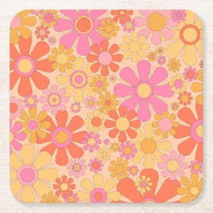 Retro Floral Pattern Groovy 60s 70s Flowers Square Paper Coaster