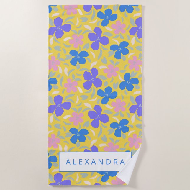 Retro Floral Pattern in Yellow Personalized Name Beach Towel (Front)