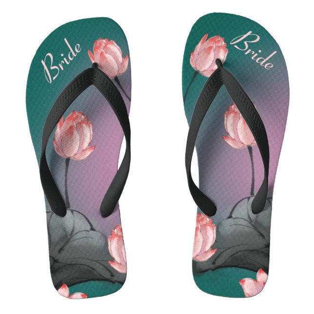 Retro Floral Pattern Lotus Wedding Bride Flip Flops (Footbed)