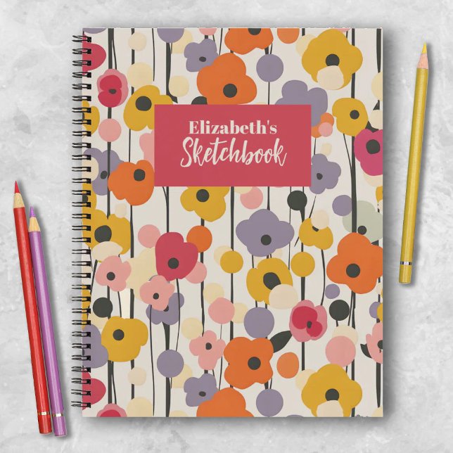 Retro Floral Pattern Monogram Artist Sketchbook Notebook (A pretty colorful retro floral artist sketchbook. Makes a great gift for a creative girl.)