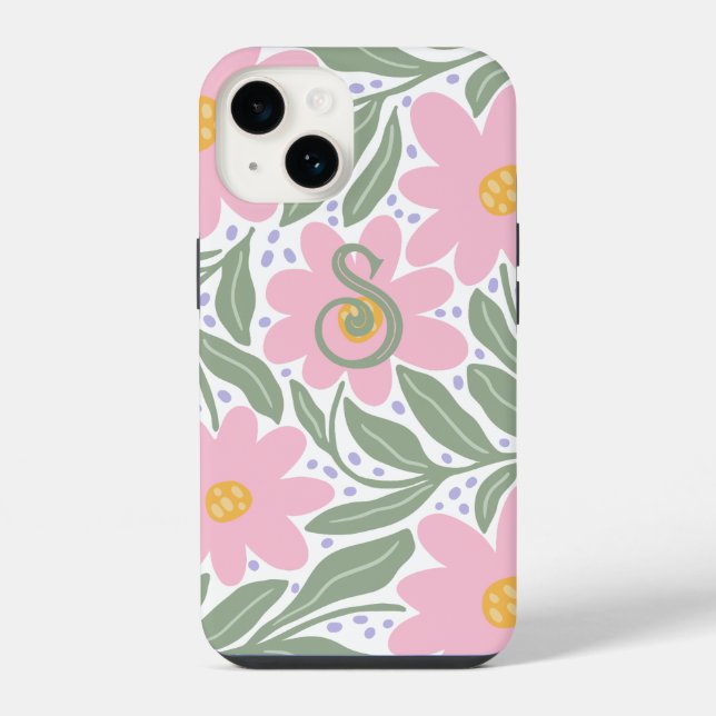 Retro Floral Pattern Monogram Initial Iphone Case (Back)