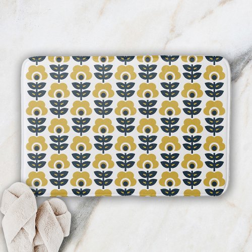 Retro Floral Pattern Navy and Mustard Yellow Bath Mat