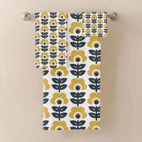 Retro Floral Pattern Navy and Mustard Yellow Bath Towel Set