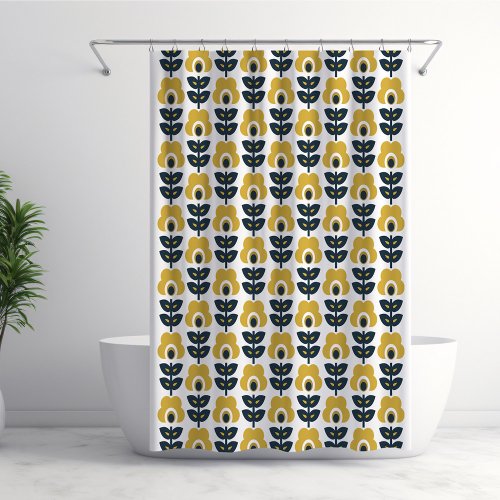 Retro Floral Pattern Navy and Mustard Yellow Shower Curtain