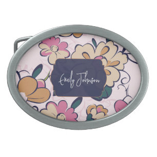 Retro Floral Pattern Navy Blue Script Custom Name Belt Buckle