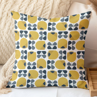 Retro Floral Pattern Navy, Grey, Mustard Yellow Throw Pillow