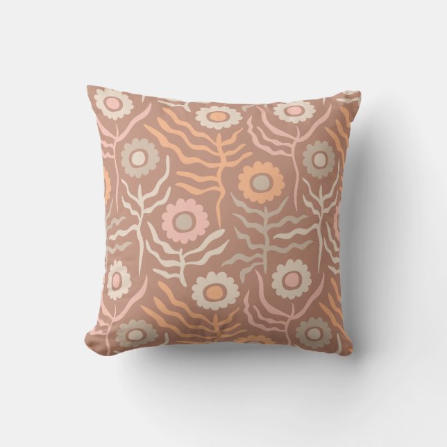 Retro floral pattern on a brown background throw pillow (Front)