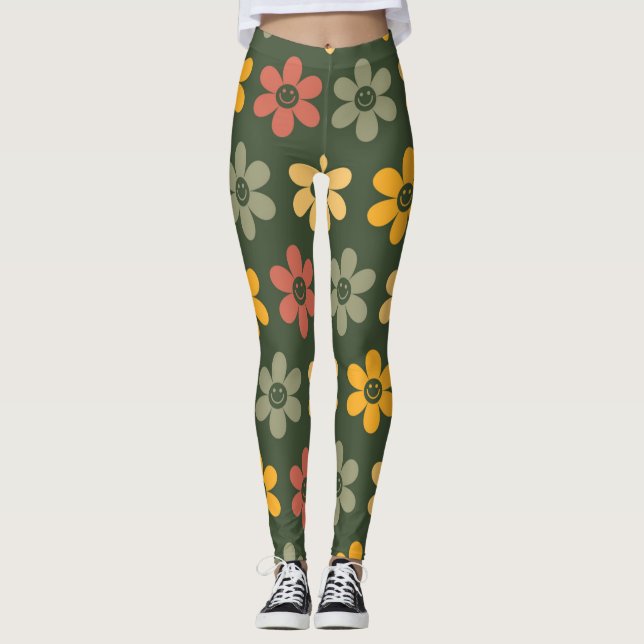  Retro Floral Pattern on a green background Leggings (Front)