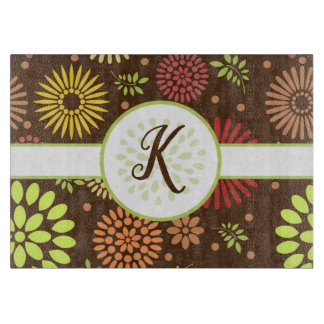 Retro Floral Pattern On Brown Monogrammed Cutting Board