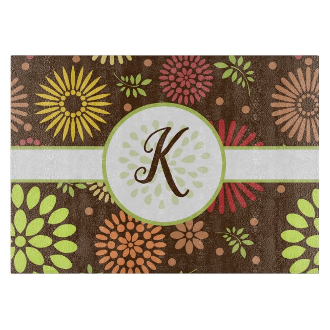 Retro Floral Pattern On Brown Monogrammed Cutting Board (Front)