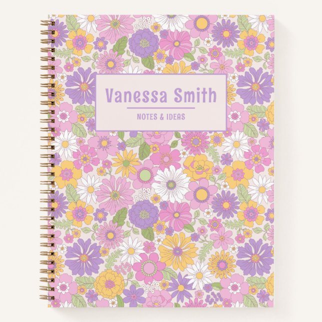 Retro Floral Pattern Personalized Spiral Notebook (Front)