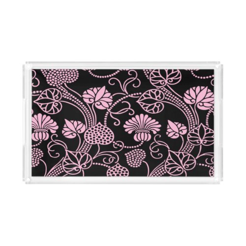 Retro Floral Pattern Pink on Black Acrylic Tray