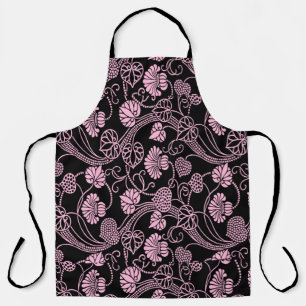 Retro Floral Pattern Pink on Black Apron