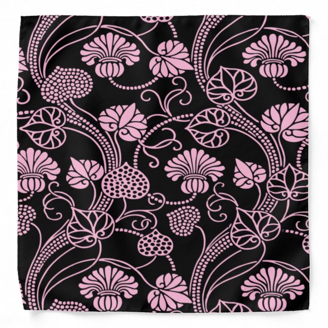 Retro Floral Pattern Pink on Black Bandana (Front)