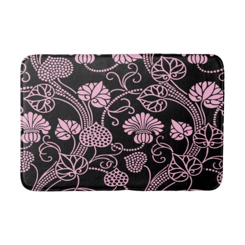 Retro Floral Pattern Pink on Black Bath Mat