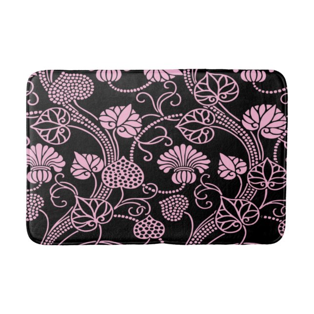 Retro Floral Pattern Pink on Black Bath Mat (Front)