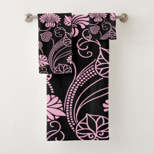 Retro Floral Pattern Pink on Black Bath Towel Set