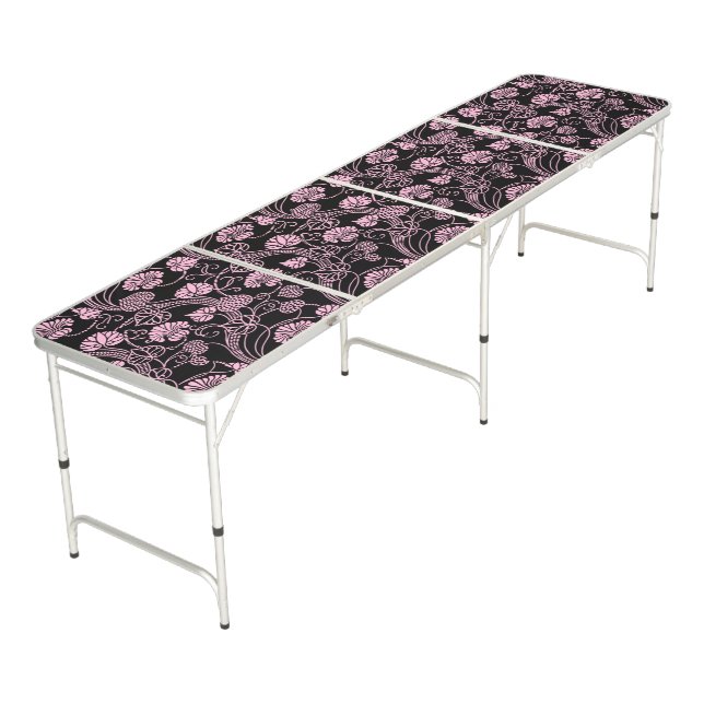 Retro Floral Pattern Pink on Black Beer Pong Table (Angled)