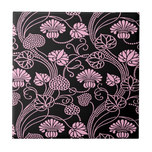 Retro Floral Pattern Pink on Black Ceramic Tile