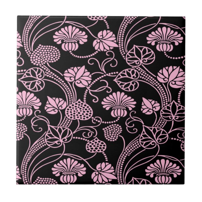 Retro Floral Pattern Pink on Black Ceramic Tile (Front)