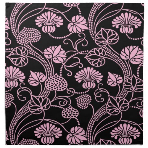 Retro Floral Pattern Pink on Black Cloth Napkin