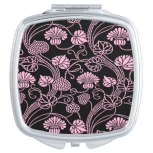 Retro Floral Pattern Pink on Black Compact Mirror