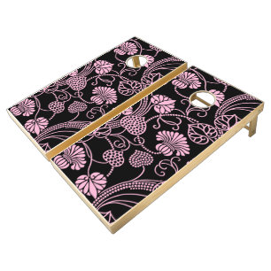 Retro Floral Pattern Pink on Black Cornhole Set