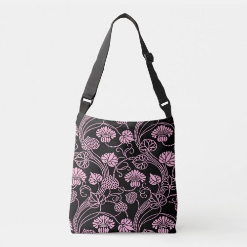 Retro Floral Pattern Pink on Black Crossbody Bag