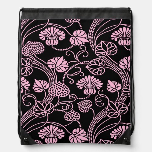 Retro Floral Pattern Pink on Black Drawstring Bag