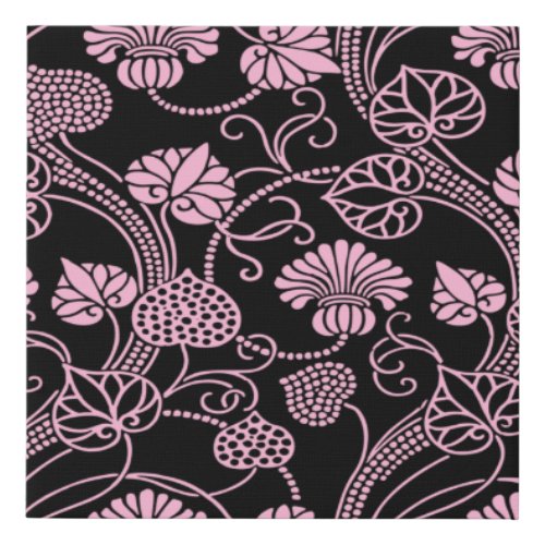 Retro Floral Pattern Pink on Black Faux Canvas Print