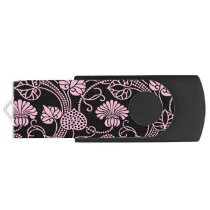 Retro Floral Pattern Pink on Black Flash Drive