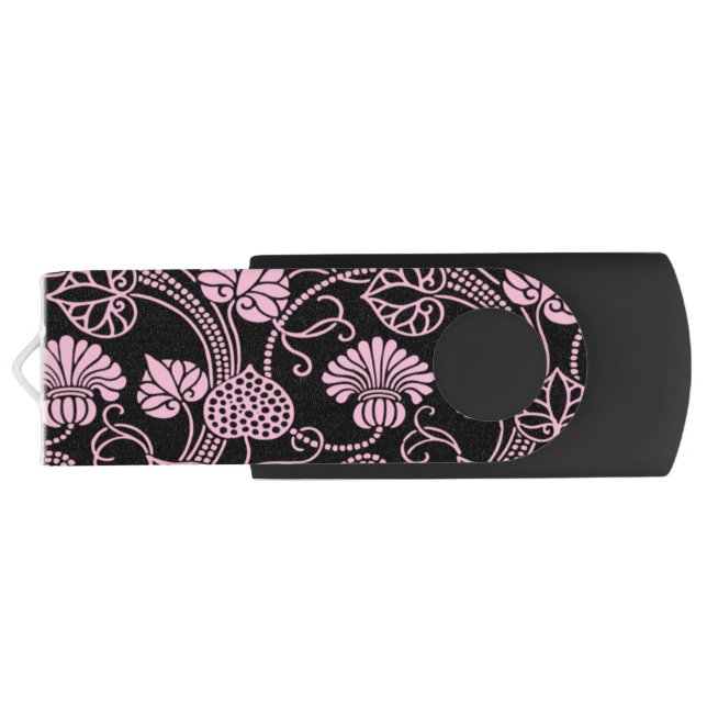 Retro Floral Pattern Pink on Black Flash Drive (Back)