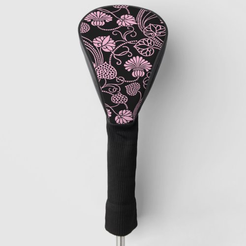 Retro Floral Pattern Pink on Black Golf Head Cover