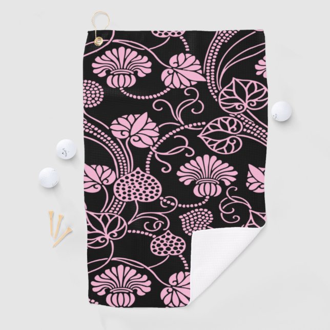 Retro Floral Pattern Pink on Black Golf Towel (InSitu)