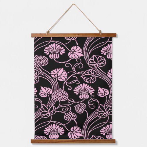 Retro Floral Pattern Pink on Black Hanging Tapestry