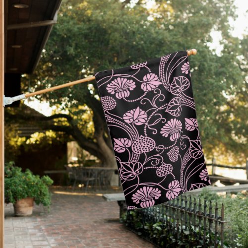 Retro Floral Pattern Pink on Black House Flag