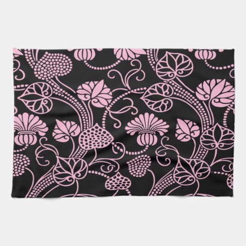 Retro Floral Pattern Pink on Black Kitchen Towel