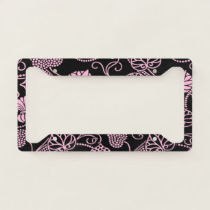 Retro Floral Pattern Pink on Black License Plate Frame