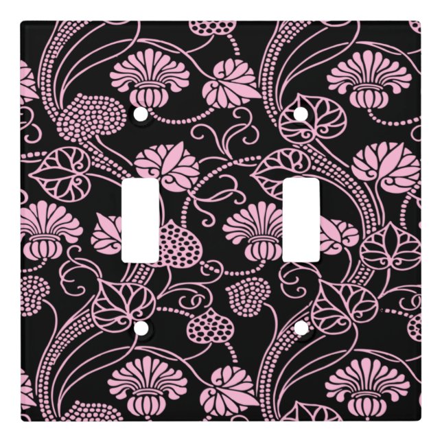 Retro Floral Pattern Pink on Black Light Switch Cover (Front)