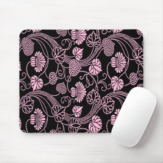 Retro Floral Pattern Pink on Black Mouse Pad (With Mouse)