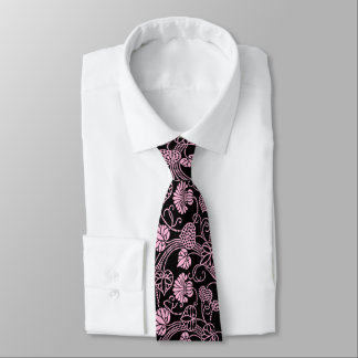 Retro Floral Pattern Pink on Black Neck Tie