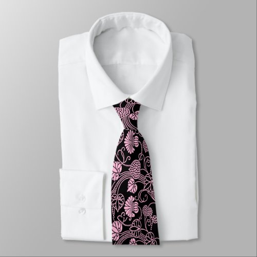 Retro Floral Pattern Pink on Black Neck Tie